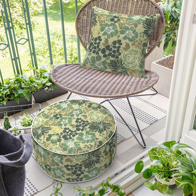 DYTXIII Inflatable Ottoman Stool D21 xH9 for Outdoor/Indoor Use, Water Repellent Patio Foot Rest with Portable Handle,Round Pouf Ottoman Suitable for Garden,Deck and Camping-Green Rose