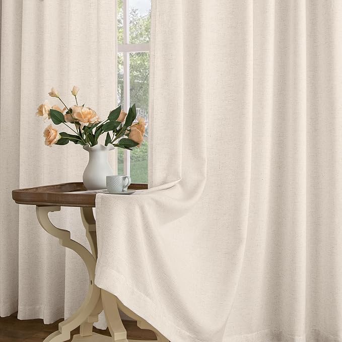 Memory Trained Pinch Pleated Curtains 108 Inches Long, Viral Linen Pinch Pleat Sheer Curtains with Ring Hooks&Clips for Track System Living Room, Warm Beige Light Filtering Privacy Curtain 2 Panel Set