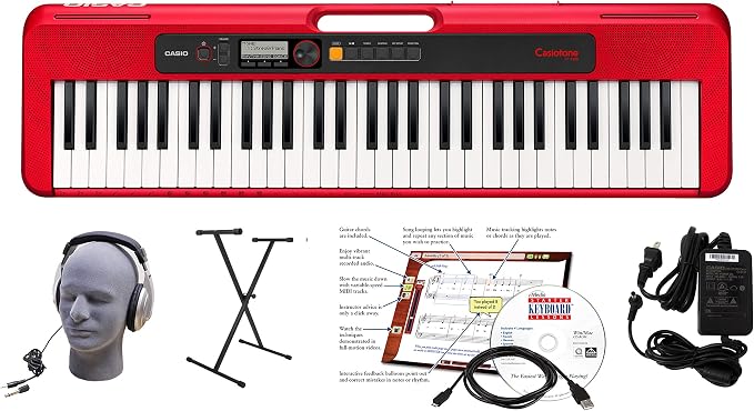 Casio CT-S200RD EPA 61-Key Premium Keyboard Package with Headphones, Stand, Power Supply, 6-Foot USB Cable and eMedia Instructional Software, Red