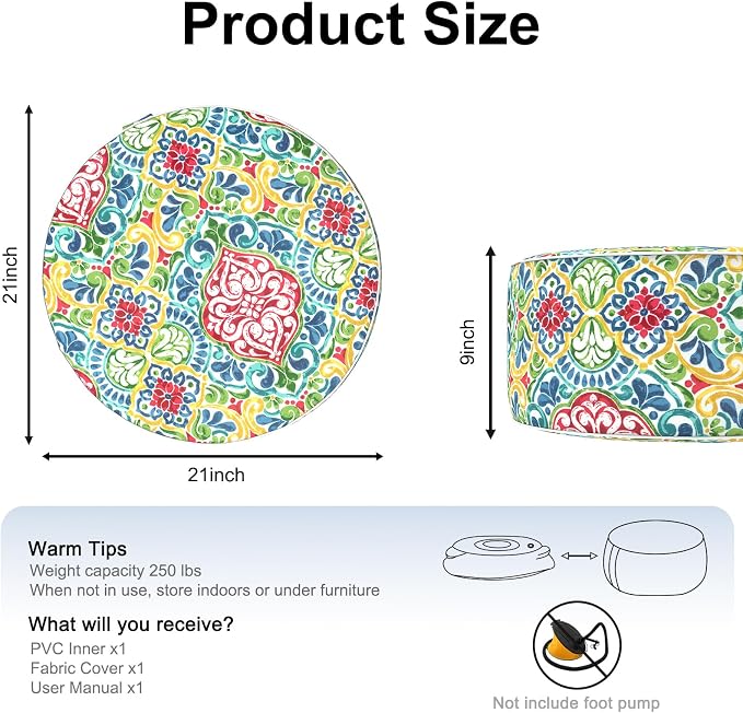 DYTXIII Inflatable Ottoman Stool D21 xH9 for Outdoor/Indoor Use, Water Repellent Patio Foot Rest Stool with Portable Handle,Round Pouf Ottoman Suitable for Garden,Deck and Camping - Damask Red