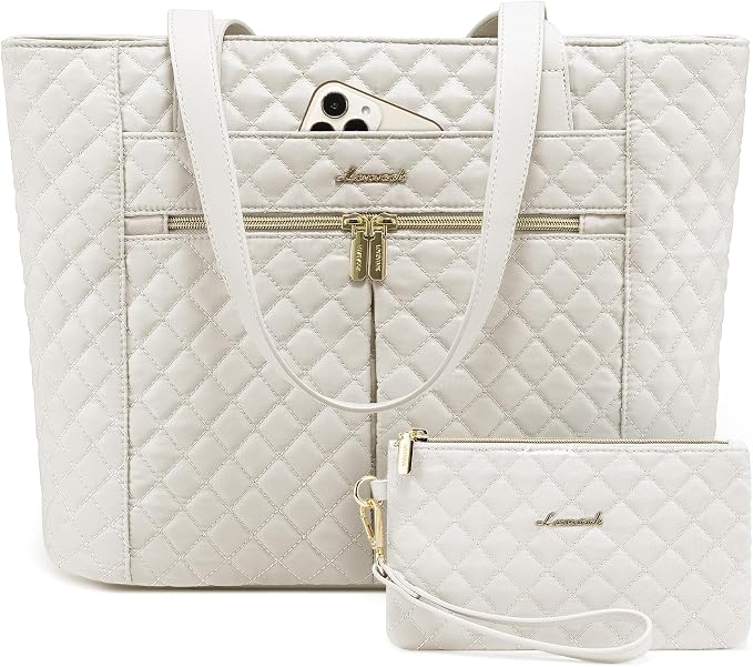 LOVEVOOK Laptop Bag for Women 17 inch,Diamond Quilted Work Tote Bags Womens Laptop Tote Bag Computer Shoulder Bags,Stylish Travel Tote Bags Laptop Purse Briefcase Handbag with Clutch Purse,Off-white