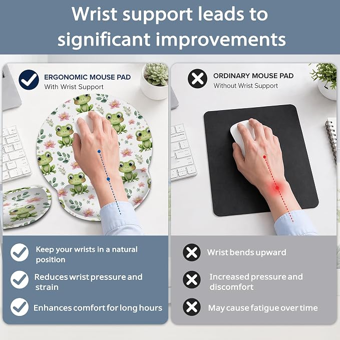 Cute Frog Wrist Rest Mouse Pad and Keyboard Support Set,Lotus Flower 3 in 1 Ergonomic Memory Foam Mousepad with Non Slip Base, Gaming Mouse Pad for Office and Home