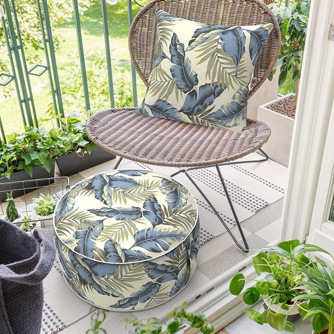 DYTXIII Inflatable Ottoman Stool D21 xH9 for Outdoor/Indoor Use, Water Repellent Patio Foot Rest with Portable Handle,Round Pouf Ottoman Suitable for Garden,Deck and Camping-Lush Palm Blue