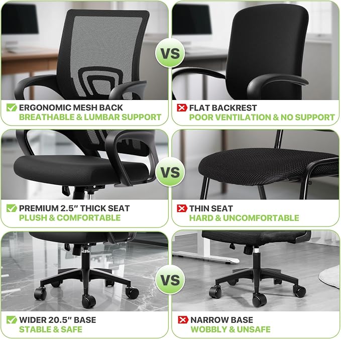 Magshion Ergonomic Office Desk Chair, Mid-Back Mesh Computer Chair, Swivel Chair with Breathable Backrest & Lumbar Support, Adjustable Height for Gaming, Work, Study, 300 Lbs Capacity, Black
