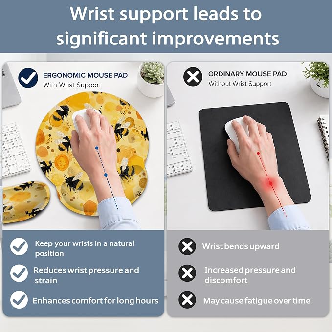 Ergonomic Keyboard and Mouse Wrist Rest Set, Cute Bee Mouse Pad with Non Slip Base, Soft Cloth Surface for Office and Home Typing Support