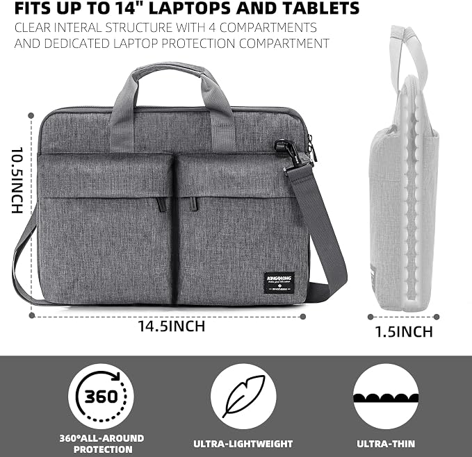 KINGSLONG 14 inch Laptop Bag with Shoulder Strap, Messenger Bag,Slim Computer Carrying Case Notebook Handbag for Men Women Fit for Acer Asus Lenovo HP Toshiba, Gray