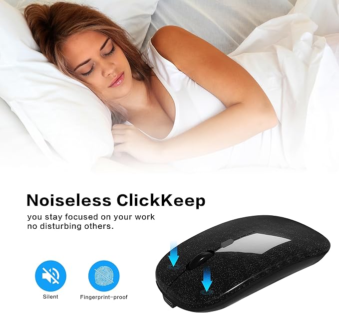 AIKOKOK Wireless Bluetooth Mouse, Rechargeable, Dual Mode Bluetooth 5.2 & 2.4G USB, LED Lights, Slim, Silent, Portable Computer Mouse for Laptop, PC, MacBook, iPad, Tablet (Bright Black)