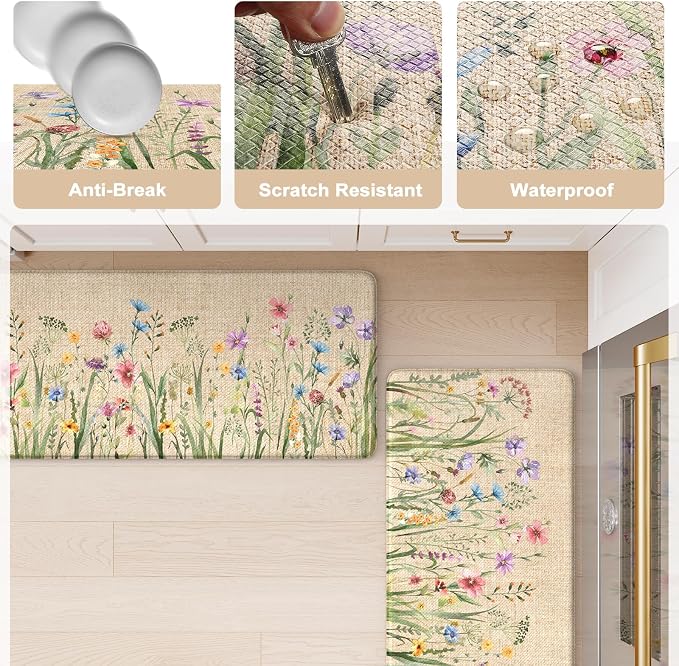 KIMODE Anti Fatigue Mats for Kitchen Floor 17.3"x29", Cushioned Kitchen Rugs, Non Slip Waterproof Kitchen Floor Mat, Floral Comfort Standing Mat for Laundry, Office, Sink, Desk Brown