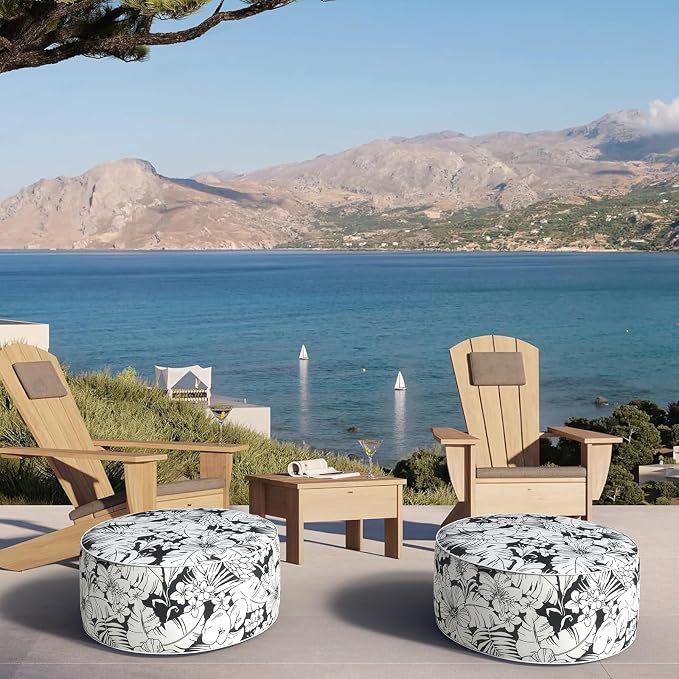DYTXIII Inflatable Ottoman Stool D21 xH9 for Outdoor/Indoor Use, Water Repellent Patio Foot Rest with Portable Handle,Round Pouf Ottoman Suitable for Garden,Deck and Camping-Tropical Blossom Noir