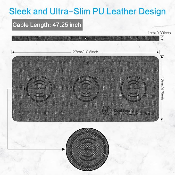 ZealSound Wireless Charging Pad, 3 in 1 Charger Mat for iPhone, Samsung Galaxy, Pixel, AirPods & Galaxy Buds, 24W Adapter Included, Ultra Slim, Case Friendly, PU Leather, Home Office & Travel, Gray