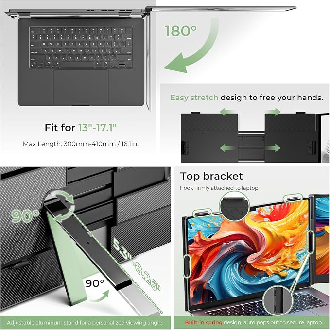 ZUMWALT Laptop Screen Extender, 14" FHD 1080P Dual Portable Monitor for Laptop, Ultra-Thin Travel Monitor Extender Fit 13”-17.3”, Plug and Play Compatible with Windows/Mac/Android/Chrome/Switch