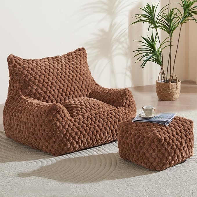Bean Bag Chair with Ottoman - Modern Comfy Beanbag Sofa with Footrest, Soft Faux Fur Lounger Chair for Adults Teens, Cozy Memory Foam Filled Gaming Reading Chairs for Bedroom, Living Room (Brown)