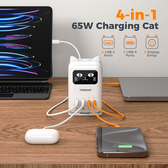USB C Charger Block PD 65W, TESSAN Charging Station for Multiple Devices, Desktop Tower Charger with 4 USB Ports for iPhone 17/16/15, MacBook, Tablet, Office Home Dormroom