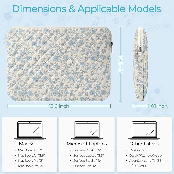 13-14 inch Cotton Quilted Laptop Sleeve for Women, Aesthetic Puffy Laptop Case Carrying Bag Compatible with MacBook Air/Pro 13/Pro 14, Soft Computer Liner Bag (Blue Floral, 13.3 inch)