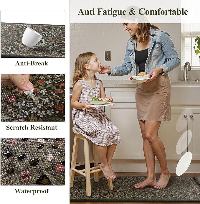 Collive Kitchen Mats Cushioned Anti Fatigue, Non Slip Waterproof Kitchen Floor Mat Green Sink Rug, Modern Comfort Desk Standing Rugs for Bedroom, Office, Laundry, 24''x59''