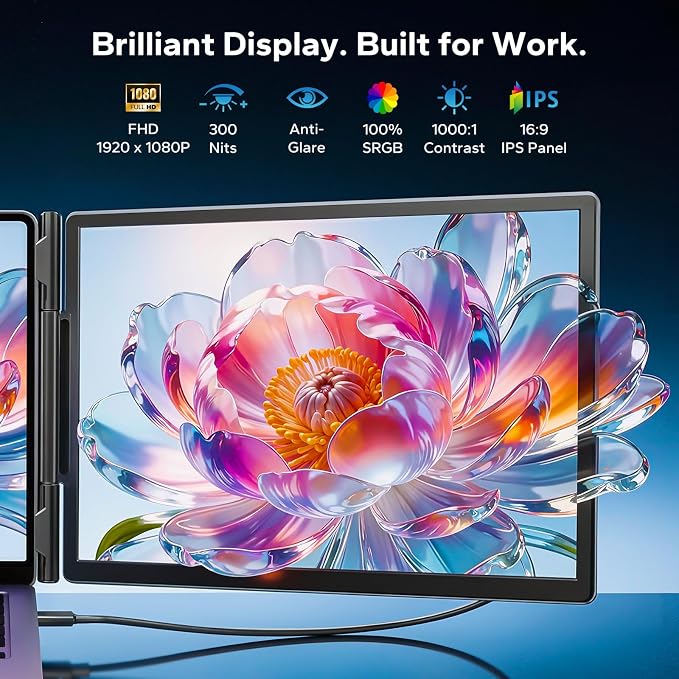 Laptop Screen Extender, Triple Screen Laptop Monitor Extender for 13”-17.3” Laptop, 14” 1080P FHD IPS Portable Monitor with 100% sRGB, Plug & Play Monitor Extension for Business Travel,Coding & Gaming