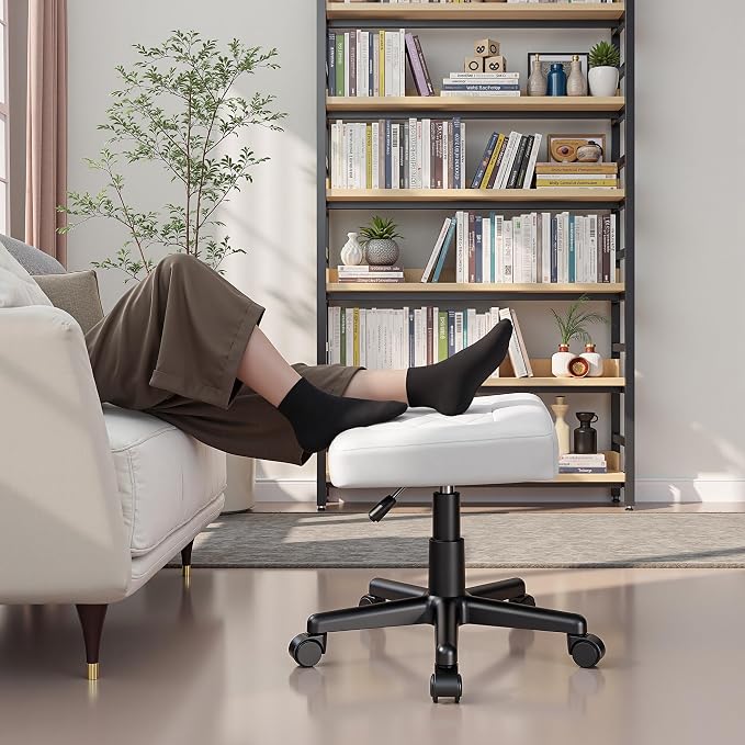 VECELO Under Desk Footrest, PU Ergonomic Foot Rest with Wheels, Comfort Padding, Height Adjustable for Relieving Leg Pain, Stiffness, and etc, White