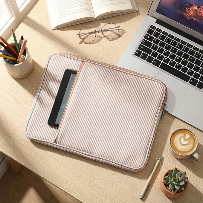 Huhumy Laptop Sleeve Case 13-13.3 inch for Women, Cute Seersucker Laptop Sleeve with Pocket Thin Computer Carrying Bag for Office Business Trip Compatible with Various Laptops Models(Khaki)