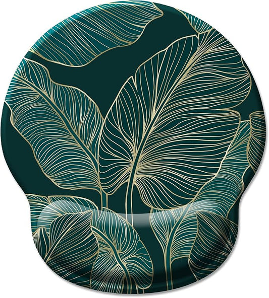 Hancynir Ergonomic Mouse Pad Wrist Support, Green Tropical Leaves Mouse Pads with Wrist Rest, Computer Mousepad for Gaming with Non-Slip PU Base, Comfortable Mouse Pad Office Decor Desk Accessories