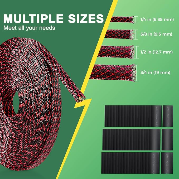 132 ft Expandable Braided Cable Sleeve Wire Loom PET Wire Sleeving，Wrap Management Mesh for Audio Video and Other Home Device Cable Automotive Wire - (1/2 Inch, 1/4 Inch, 3/8 Inch,3/4 Inch, Red)