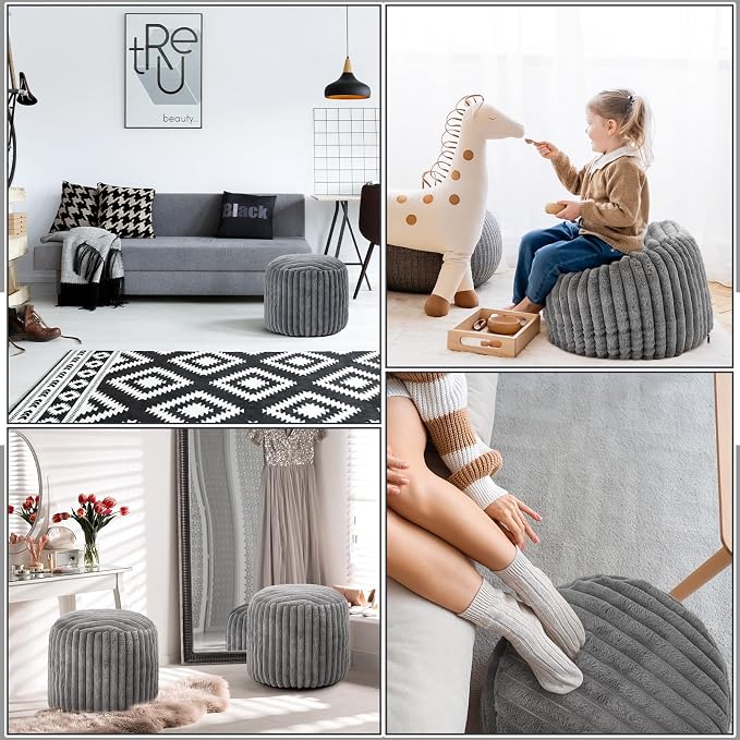 Teenyyou 2 Pcs 20 x 15 Inch Unstuffed Pouf Cover Ottoman Foot Rest - No Filler, Faux Rabbit Fur Foot Stool Floor Bean Bag Floor Chair Storage for Living Room Bedroom Home Decor(Gray)