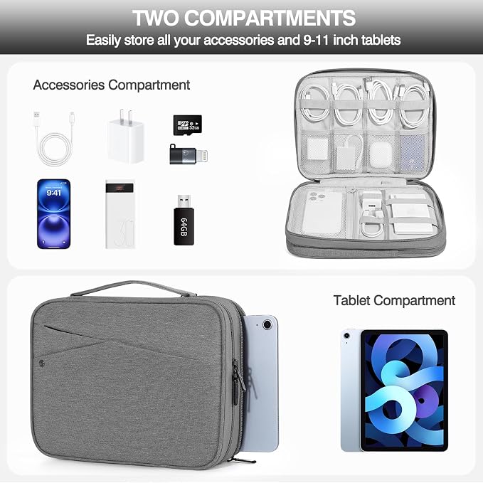 MoKo 9-11 Inch Tablet Sleeve Bag for New 11-inch iPad Pro M4 & Air M2 2024, iPad 10th Gen 10.9, iPad Air 5/4th 10.9, iPad 9/8th 10.2, Double Layer iPad Bag with Non-Slip Carrying Handle, Light Gray