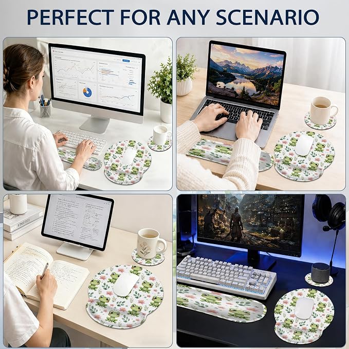 Cute Frog Wrist Rest Mouse Pad and Keyboard Support Set,Lotus Flower 3 in 1 Ergonomic Memory Foam Mousepad with Non Slip Base, Gaming Mouse Pad for Office and Home