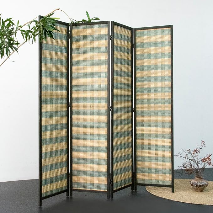 Furnnylane 4 Panel Bamboo Room Divider - 5.6 ft Tall (67" H x 63" W), Double-Sided Folding Privacy Screen in Blue Woven Stripe, No-Drill Freestanding Partition for Home Office & Bedroom
