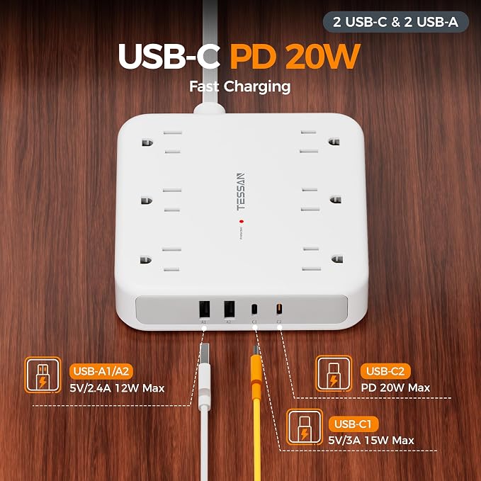 TESSAN 5Ft Grey Extension Cord with Multiple Outlets, 2100J Surge Protector Power Strip with 6 Outlets and 4 USB Ports (2 USB C), 1875W 15A, 20W Multi Outlet Extender for Home, Office, Dorm