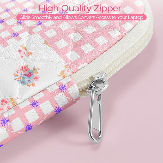 13-14 inch Cotton Quilted Laptop Sleeve for Women, Aesthetic Puffy Laptop Case Carrying Bag Compatible with MacBook Air/Pro 13/Pro 14, Soft Computer Liner Bag (Pink Patchwork, 13.3 inch)