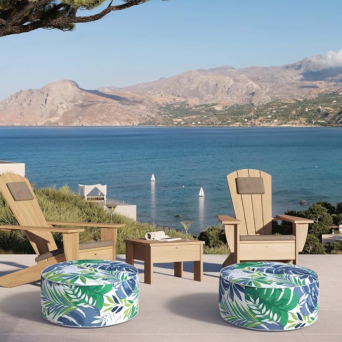 DYTXIII Inflatable Ottoman Stool D21 xH9 for Outdoor/Indoor Use, Water Repellent Patio Foot Rest with Portable Handle,Round Pouf Ottoman Suitable for Garden,Deck and Camping - Islamorada Blue Green