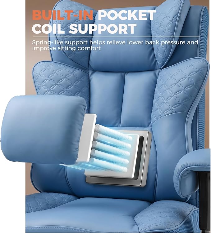 GTPLAYER Big and Tall Office Chair, Wide Ergonomic Gaming Chair with Deluxe Embossing Designed Leather with Foot Rest,150°Reclining Adjustable Soft Armrests Pocket Spring Back Support and Pillow