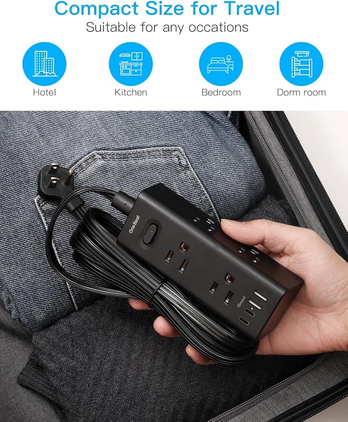10Ft Extension Cord with Multiple Outlets, Flat Plug Power Strip Surge Protector with 10 Ft Long Cord, 6 Outlet 3 USB Ports (2 USB C), Multi Outlet Wall Plug for Travel, Dorm Room Essentials-Black