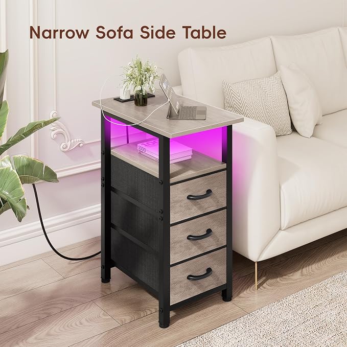 Vagusicc Set of 2 Nightstand with Charging Station and LED Lights, Narrow End Table, LED Night Stand with 3 Fabric Drawers for Bedroom, Small Bedside Table, Narrow Side Table for Small Spaces, Greige
