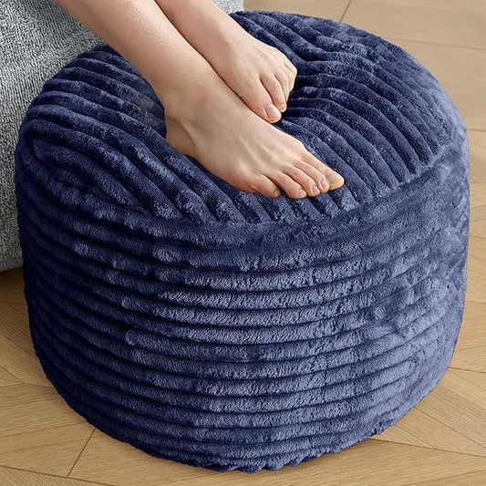 SHOUREN Stuffed Round Ottoman,Corduroy Pouf Ottoman Foot Rest with Foam Filling,Pouf Storage Ottoman Footstool for Living Room,18 X 14 Floor Poufs for Couch - 18 X 14 Inches,Navy