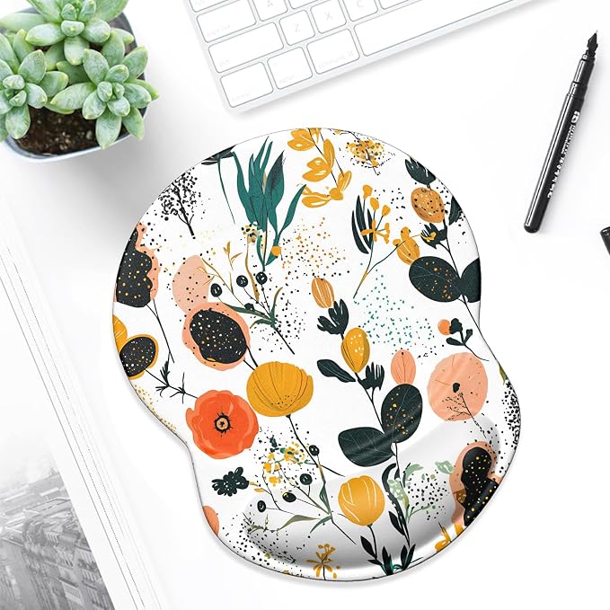 ITNRSIIET Ergonomic Mouse Pad with Gel Wrist Support Small Wrist Rest Smooth Surface Non-Slip PU Base Comfortable Office Supplies Pain Relief, 8.7 x 7.2 inches, Beautiful Flowers and Plants