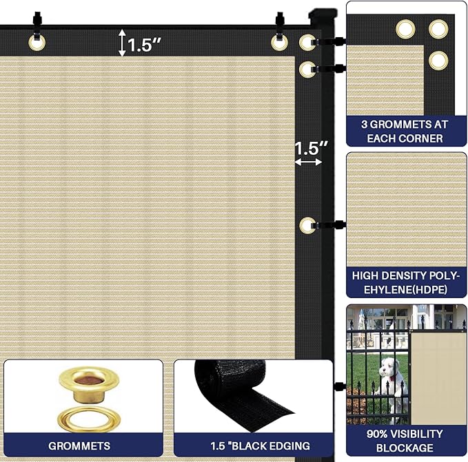 Windscreen4less Privacy Fence Screen Heavy Duty Windscreen Fencing Mesh Fabric Shade Net Cover with Brass Grommtes for Outdoor Wall Garden Yard Pool Deck, 8'x113' Beige