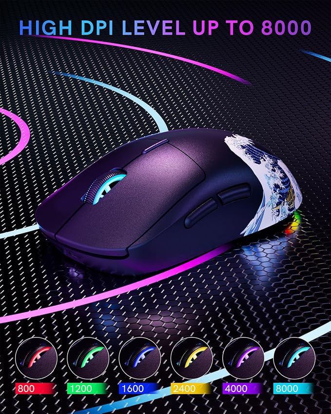 G57 Wireless Gaming Mouse, 8000 DPI, 80g, 2.4G/Bluetooth/USB-C Rechargeable Wireless Mouse with 5 Programmable Buttons for PC/Mac, Black