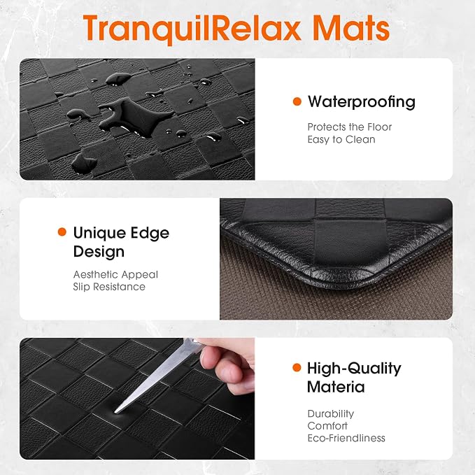 TranquilRelax 4/5 Inch Thick Anti-Fatigue Kitchen Mats 2Pcs, Cushioned Non-Slip Waterproof Sink & Stove Floor Mats, Comfortable Standing Rug Set for Kitchen, Laundry & Entryway, Black