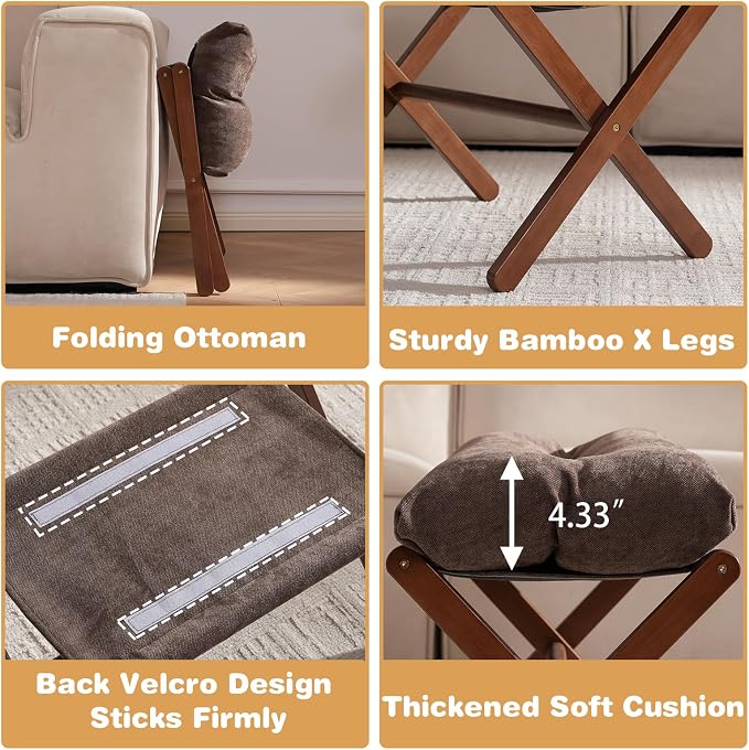 Baveke Ottoman Foot Rest- Bamboo Folding Stool, Foot Stools Small Ottman with Upholstered & X Legs, Foldable Stool for Makeup, Bedroom and Living Room (Large Brown)