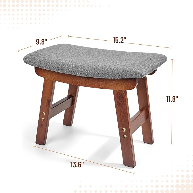 BAMBOO LAND- Bamboo Foot Stools Ottoman, Gray Cushion & Brown Wood Legs, Small Ottoman Foot Rest for Couch