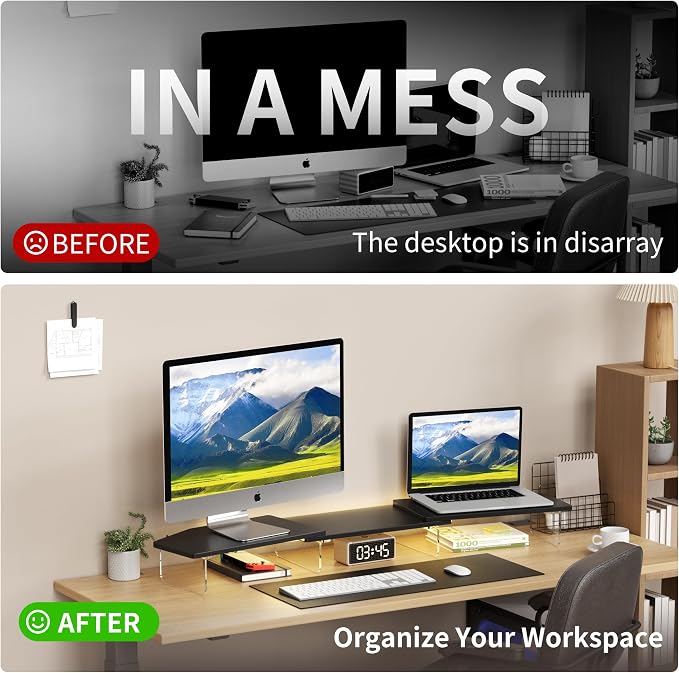 AFOOYO LED Dual Monitor Stand Riser for 2 Monitors,Office Desktop Wooden Stand Adjustable Length and Angle 3 Shelf,Extra Long Multifunctional Stand up to 44.4" for Computer,Laptop,TV,Black