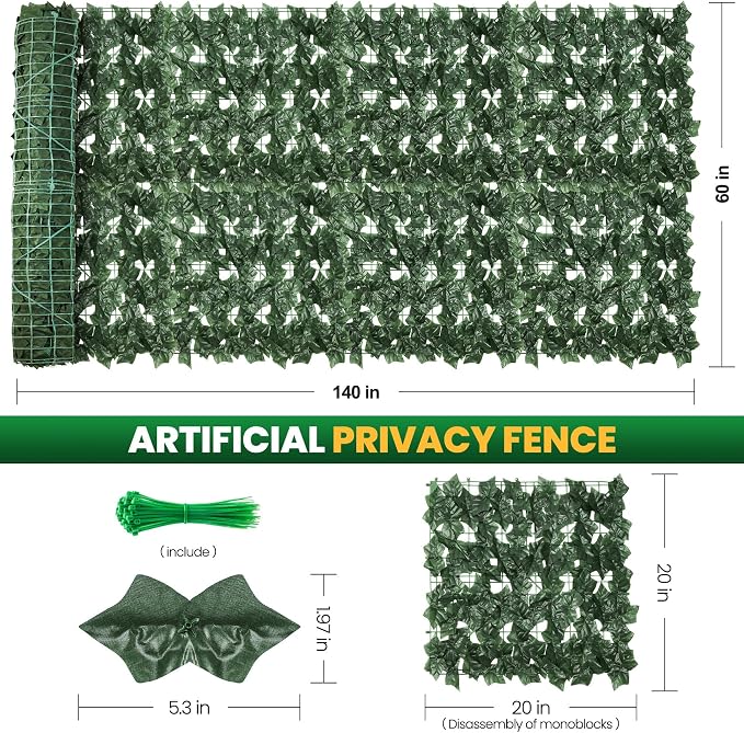 KASZOO Artificial Ivy Privacy Fence Screen - 140''(L) x 60''(W) Faux Greenery Wall Panels for Outdoor Privacy, Balcony, Patio, Backyard, Fence Decor, Realistic Green Leaves for Wall or Garden Use