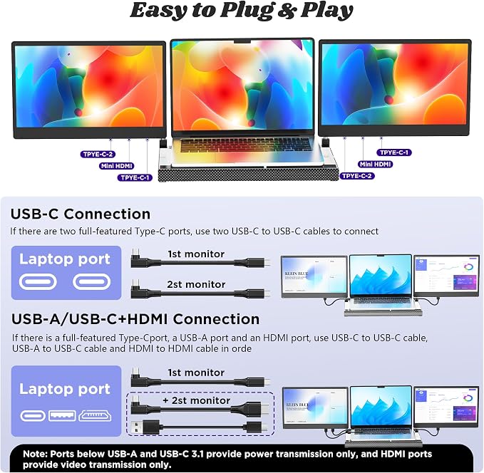 Laptop Screen Extender, 14 Inch Portable Monitor FHD 1080P, 360° Rotatable with Metal Stand, Plug & Play via USB-C/HDMI, for Windows/Mac/Android/PS5