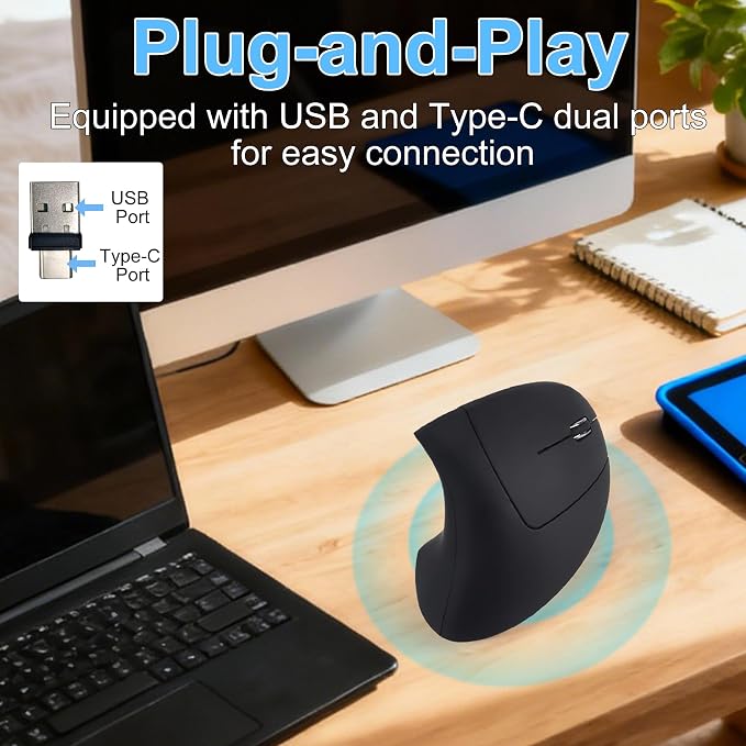 Ergonomic Mouse Wireless 2.4GHz Optical Right Hand Vertical Mouse with USB & Type-C Dual Port Receiver 6 Buttons Portable Silent USB Wireless Mice for PC Laptop Desktop Computer Mac Adult Gifts, Black