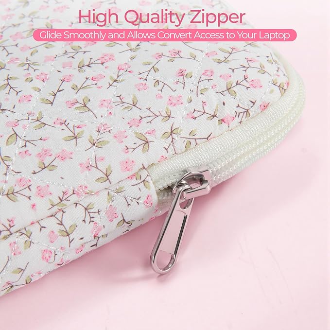 13-14 inch Cotton Quilted Laptop Sleeve for Women, Aesthetic Puffy Laptop Case Carrying Bag Compatible with MacBook Air/Pro 13/Pro 14, Soft Computer Liner Bag (Pink Floral, 13.3 inch)
