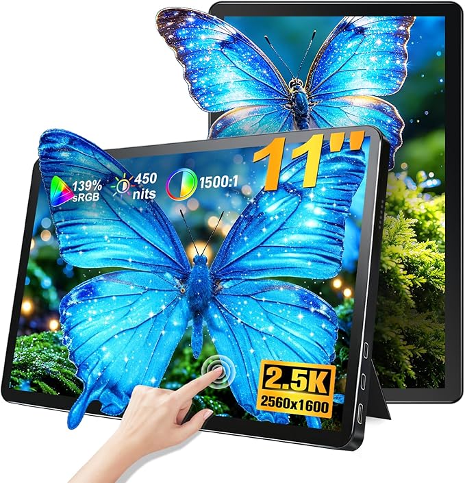 11" Touchscreen Monitor,2.5K IPS Portable Touch Screen 16:10 450 nits Adjustable Vertical Monitor with VESA Stand,2560 * 1600 HDMI USB C Travel Monitors for Laptop,PC,Phone,Business(Black)