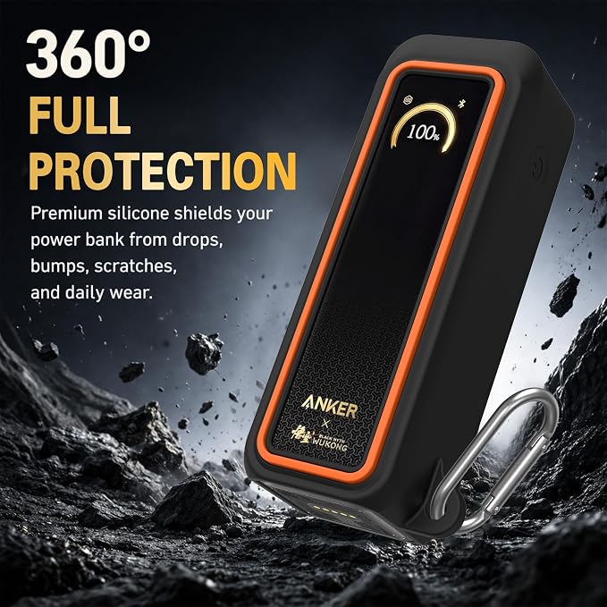 Silicone Case for Anker Prime Power Bank 20100mAh 220W Travel Protective Cover, Full-Body Shockproof | Compact | Tactile Grip | Impact Protect for Anker Power Bank 220W with Keychain (Black Orange)