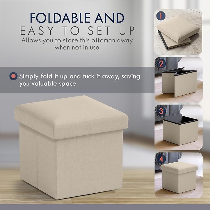 Ornavo Home Small Storage Ottoman, Set of 2 Foldable Collapsible Cube Square Linen Ottoman Foot Rest Stool Seat, for Living Room, Bedroom, Home Office, Dorm - 12 x 12 x 12, Beige