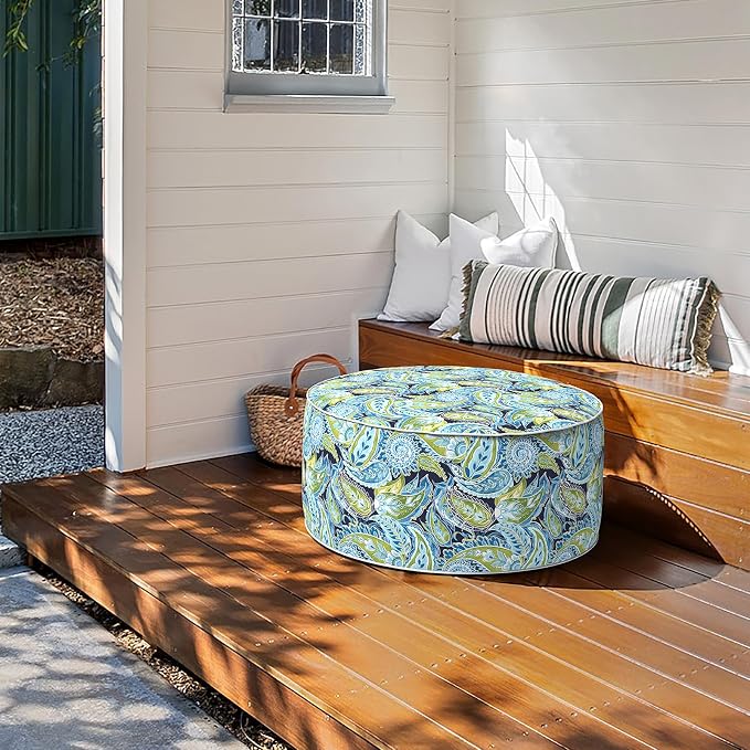 DYTXIII Inflatable Ottoman Stool D31 xH14 for Outdoor/Indoor Use, Water Repellent Patio Foot Rest with Portable Handle,Round Pouf Ottoman Suitable for Garden,Deck and Camping - Paisley Lapis Green